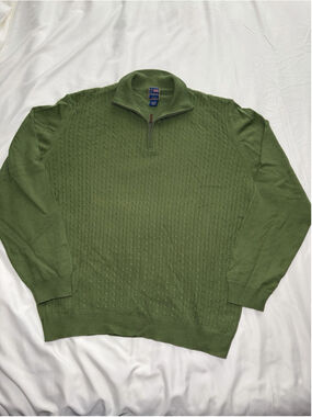 T Harris London men’s green 1/4 zip cable wool blend sweater sz L